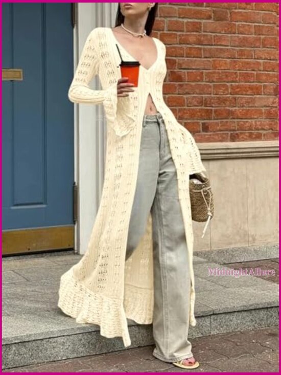 Long Crochet Cardigan Duster Button Up Bell Sleeve Boho Cover Up - Picture 2 of 7